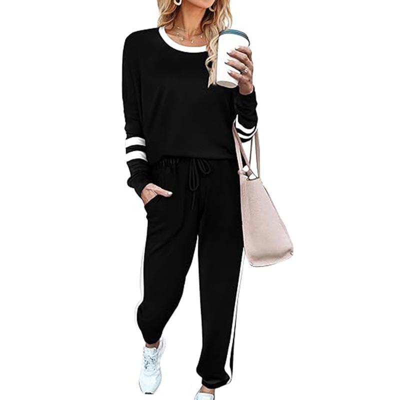 ✨Women's Solid Long Sleeve Round Neck Pulloever Top Drawstring Pants Set