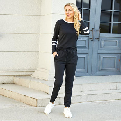 ✨Women's Solid Long Sleeve Round Neck Pulloever Top Drawstring Pants Set