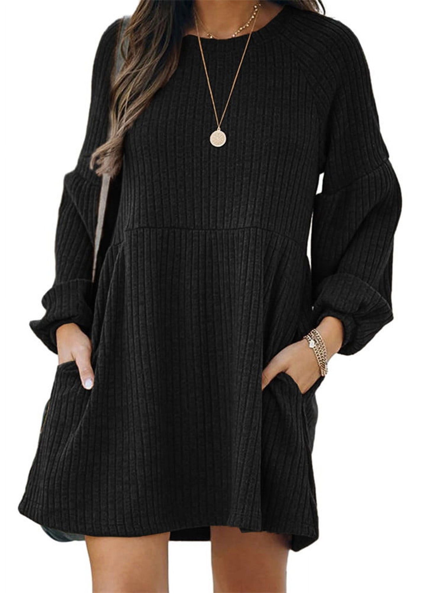 ✨Minimalist Chic Plain Textured Ribbed Pocket Bishop Sleeve Crewneck Dress
