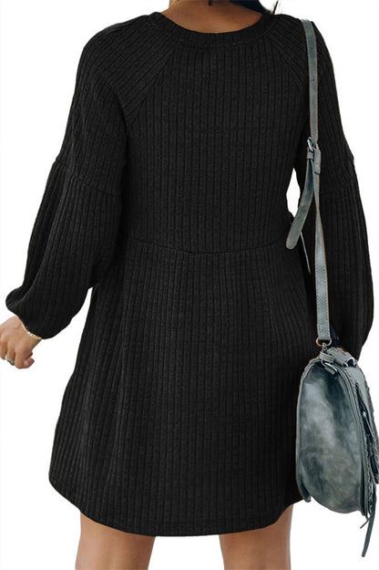 ✨Minimalist Chic Plain Textured Ribbed Pocket Bishop Sleeve Crewneck Dress