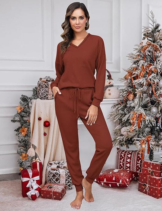 ✨V Neck Waffle Knit Sleepwear Top and Pant Lounge Sets
