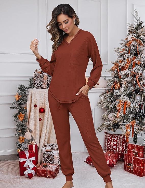 ✨V Neck Waffle Knit Sleepwear Top and Pant Lounge Sets