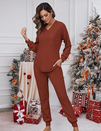 ✨V Neck Waffle Knit Sleepwear Top and Pant Lounge Sets