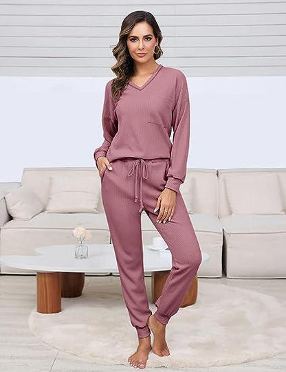 ✨V Neck Waffle Knit Sleepwear Top and Pant Lounge Sets