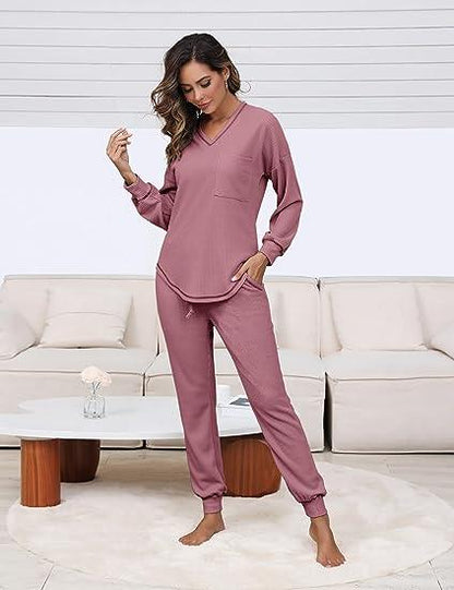 ✨V Neck Waffle Knit Sleepwear Top and Pant Lounge Sets