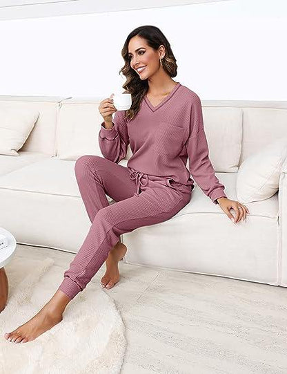 ✨V Neck Waffle Knit Sleepwear Top and Pant Lounge Sets