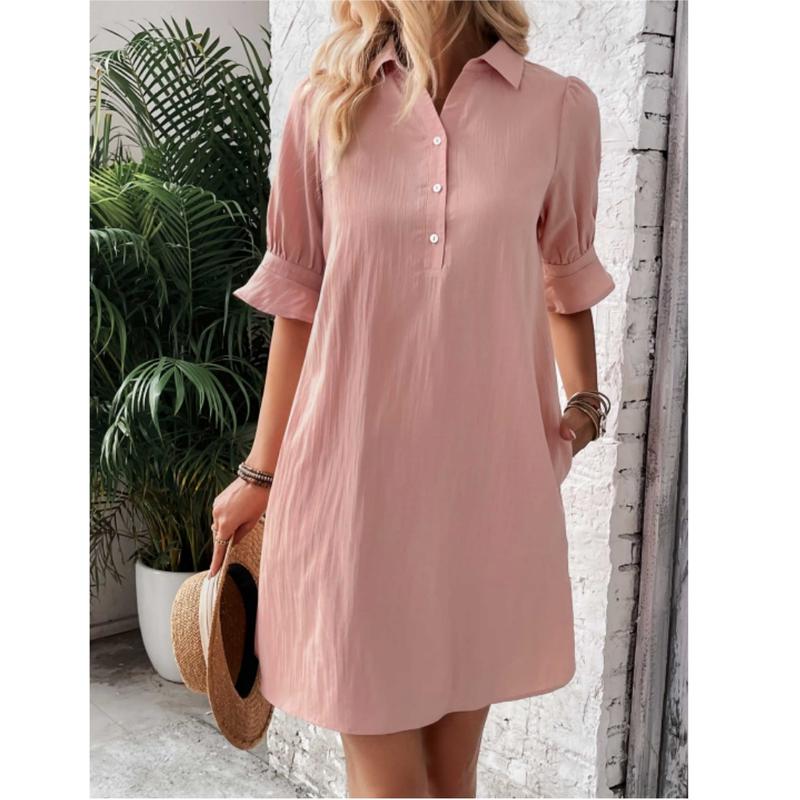 ✨Hot Sale-Womens Casual Shirt Dress Ruffle Sleeve Solid Color Button Down