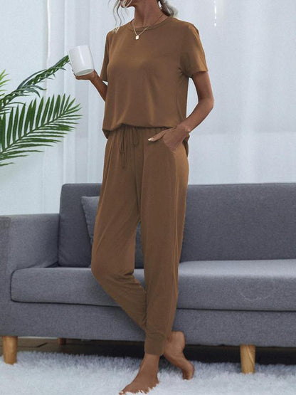 ✨Women's Casual Cozy 2 Piece Wear T-shirt&Cropped Pocket Drawstring Pants Set