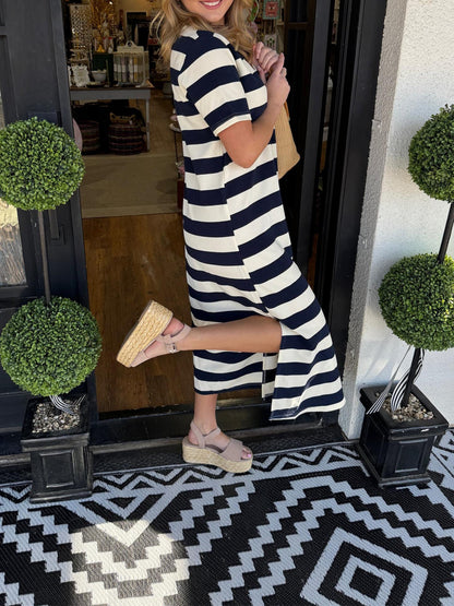 Women's short sleeve striped slit dress