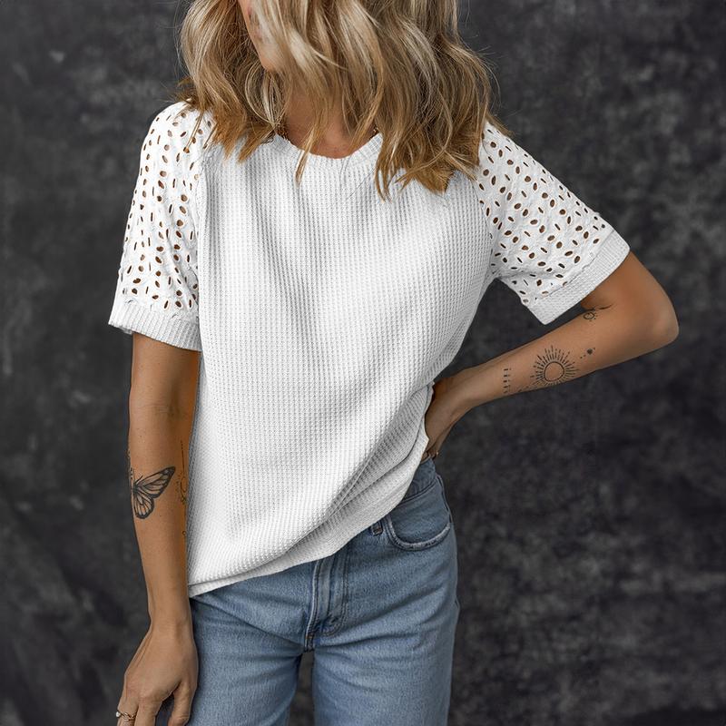 ✨Women Casual Round Neck Waffle Grid Patchwork Hollow Out Embroidered T-Shirt
