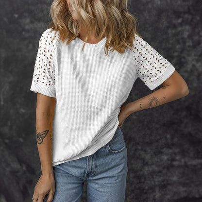 ✨Women Casual Round Neck Waffle Grid Patchwork Hollow Out Embroidered T-Shirt