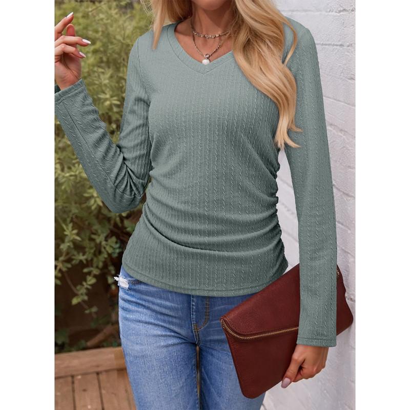 ✨Women's V-Neck Pleated Basic Tunic Long Sleeve Top