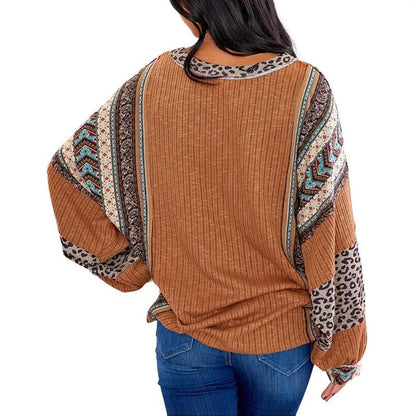 Limited time sale🔥Womens Loose fit Long Sleeve Oversized Retro Leopard Contrast Patchwork Top