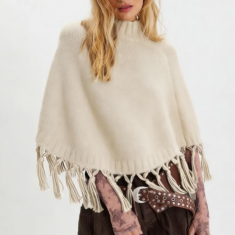 Women's Tassel High-Neck Knitted Cape