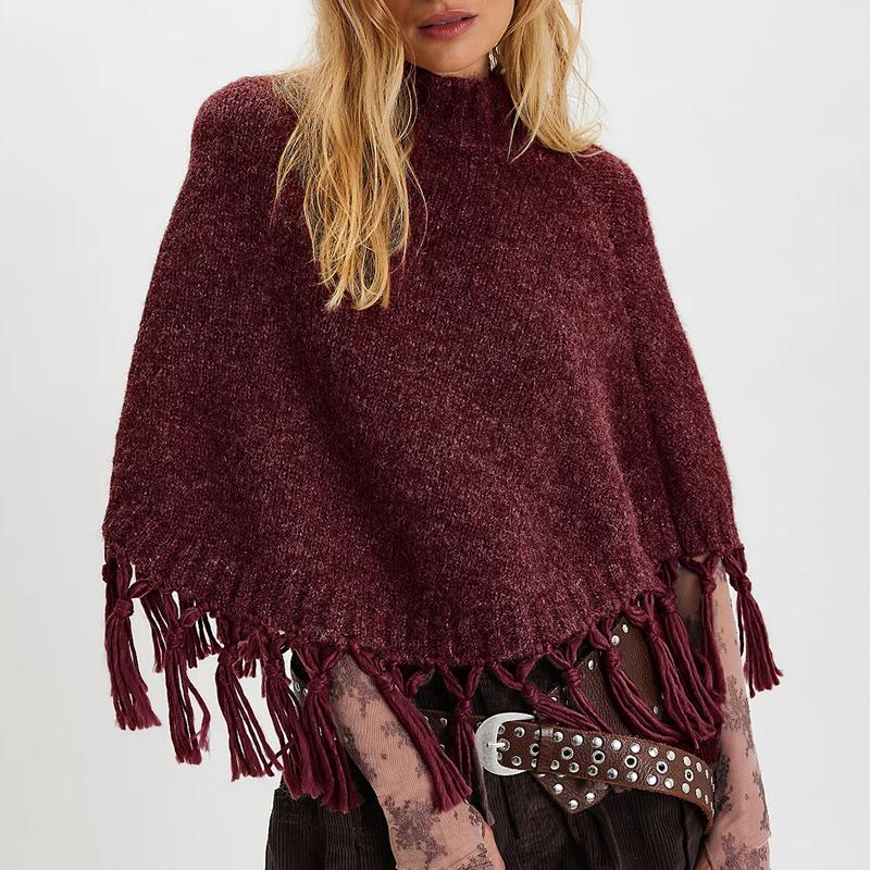 Women's Tassel High-Neck Knitted Cape