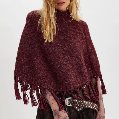 Women's Tassel High-Neck Knitted Cape