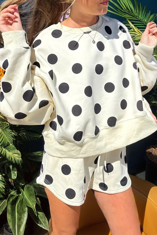 ✨Polka Dot Print Drop Shoulder Pullover Drawstring Shorts Set