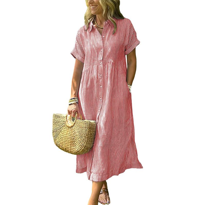 Women's Loose Midi Striped Shirt Dress Bohemian Side Slit Dress with Pockets