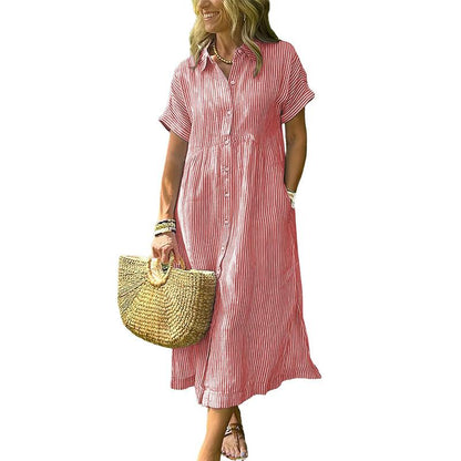Women's Loose Midi Striped Shirt Dress Bohemian Side Slit Dress with Pockets