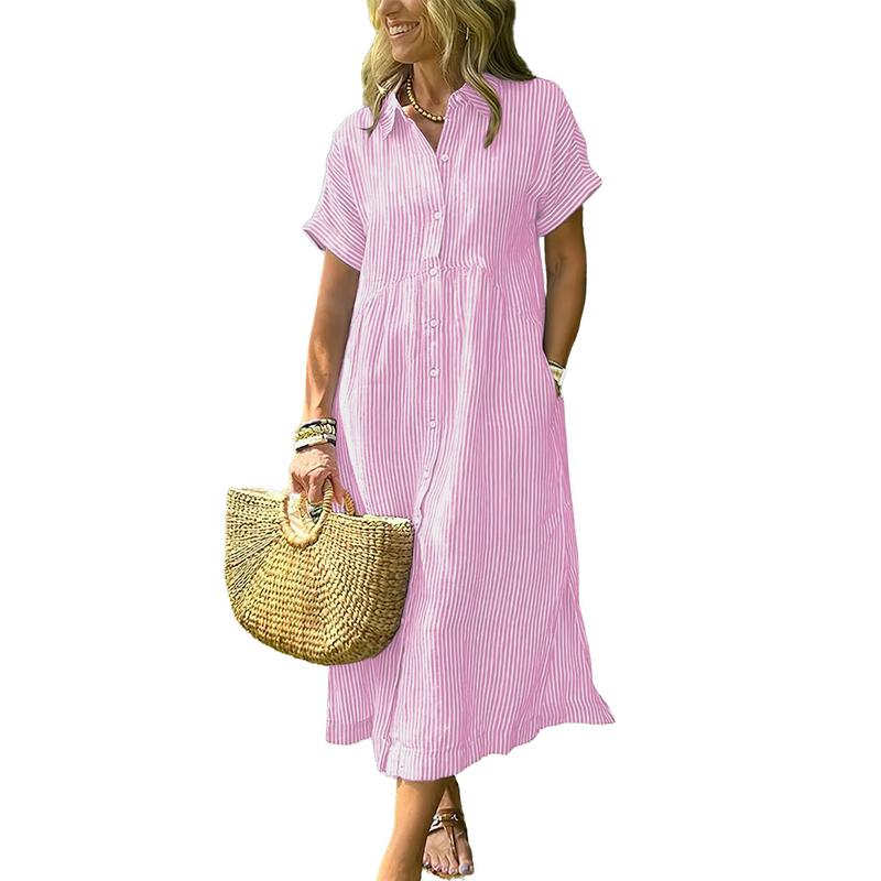 Women's Loose Midi Striped Shirt Dress Bohemian Side Slit Dress with Pockets