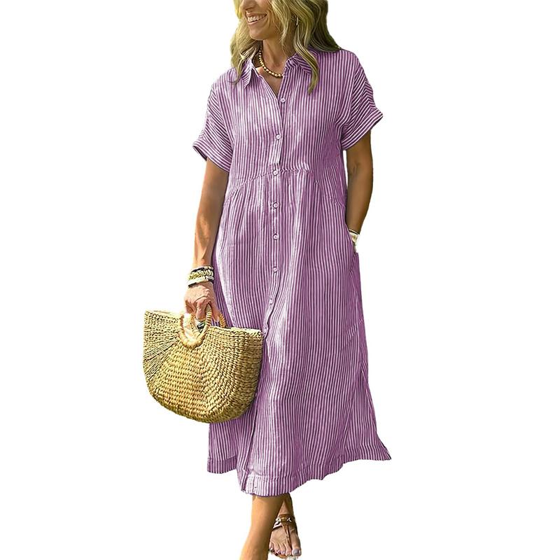 Women's Loose Midi Striped Shirt Dress Bohemian Side Slit Dress with Pockets