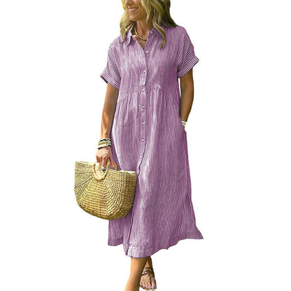 Women's Loose Midi Striped Shirt Dress Bohemian Side Slit Dress with Pockets