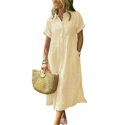 Women's Loose Midi Striped Shirt Dress Bohemian Side Slit Dress with Pockets