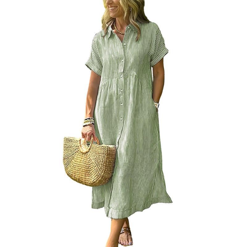 Women's Loose Midi Striped Shirt Dress Bohemian Side Slit Dress with Pockets