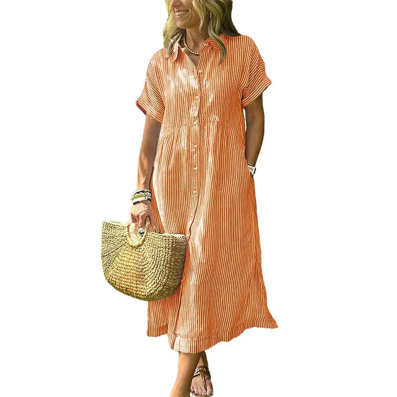 Women's Loose Midi Striped Shirt Dress Bohemian Side Slit Dress with Pockets