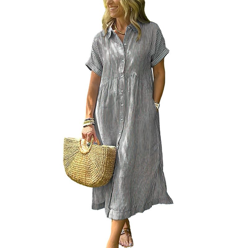 Women's Loose Midi Striped Shirt Dress Bohemian Side Slit Dress with Pockets