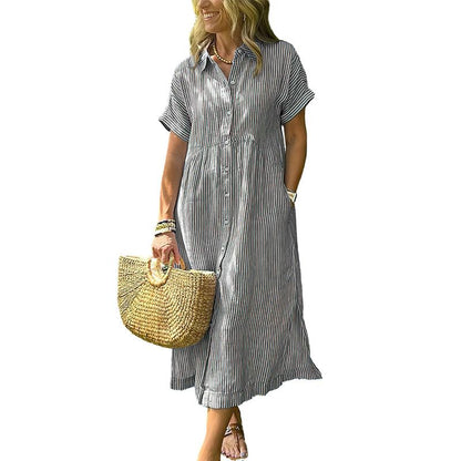 Women's Loose Midi Striped Shirt Dress Bohemian Side Slit Dress with Pockets