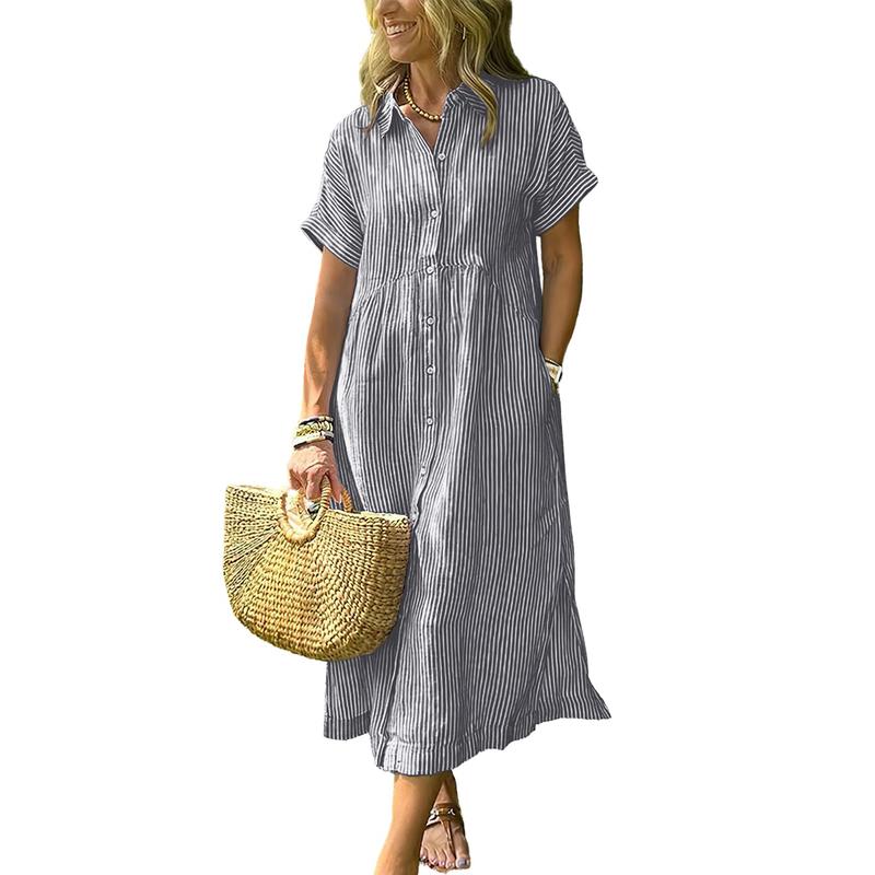 Women's Loose Midi Striped Shirt Dress Bohemian Side Slit Dress with Pockets