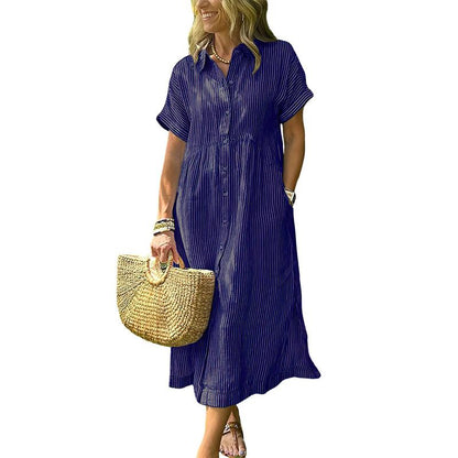 Women's Loose Midi Striped Shirt Dress Bohemian Side Slit Dress with Pockets