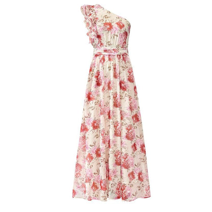 Women Summer One Shoulder Floral Beach Vacation Maxi Dress