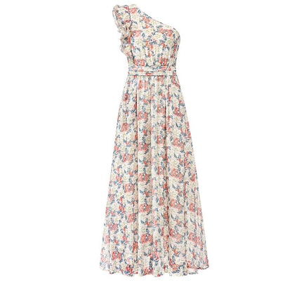 Women Summer One Shoulder Floral Beach Vacation Maxi Dress