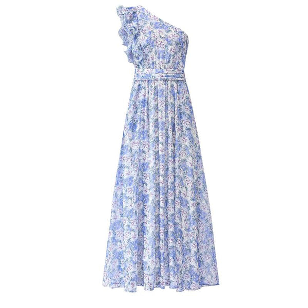 Women Summer One Shoulder Floral Beach Vacation Maxi Dress
