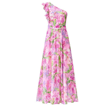 Women Summer One Shoulder Floral Beach Vacation Maxi Dress