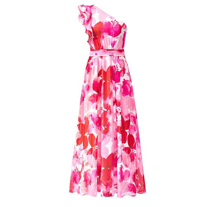 Women Summer One Shoulder Floral Beach Vacation Maxi Dress