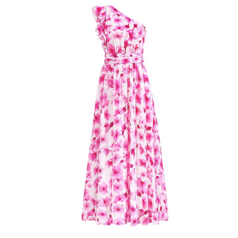 Women Summer One Shoulder Floral Beach Vacation Maxi Dress