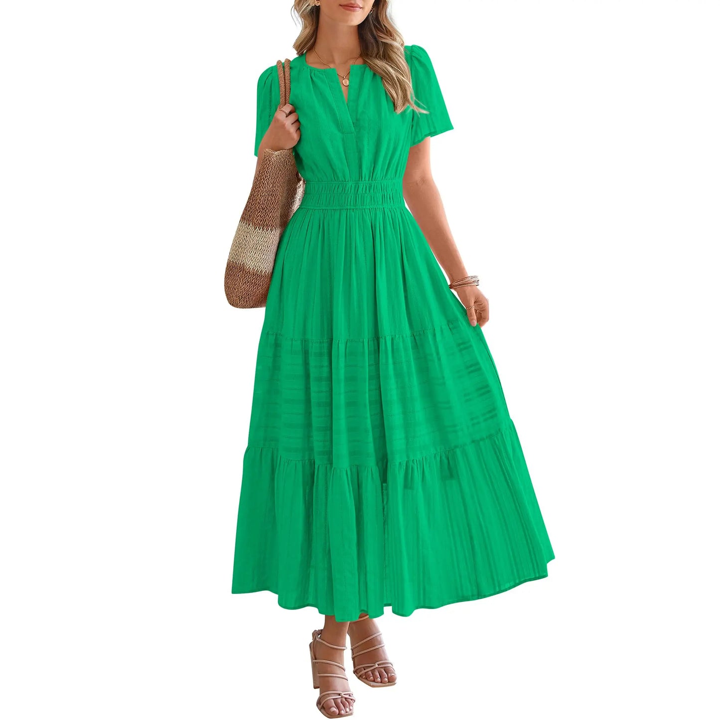 Women's Lightweight Short Sleeve V Neck Elastic Waist Dresses