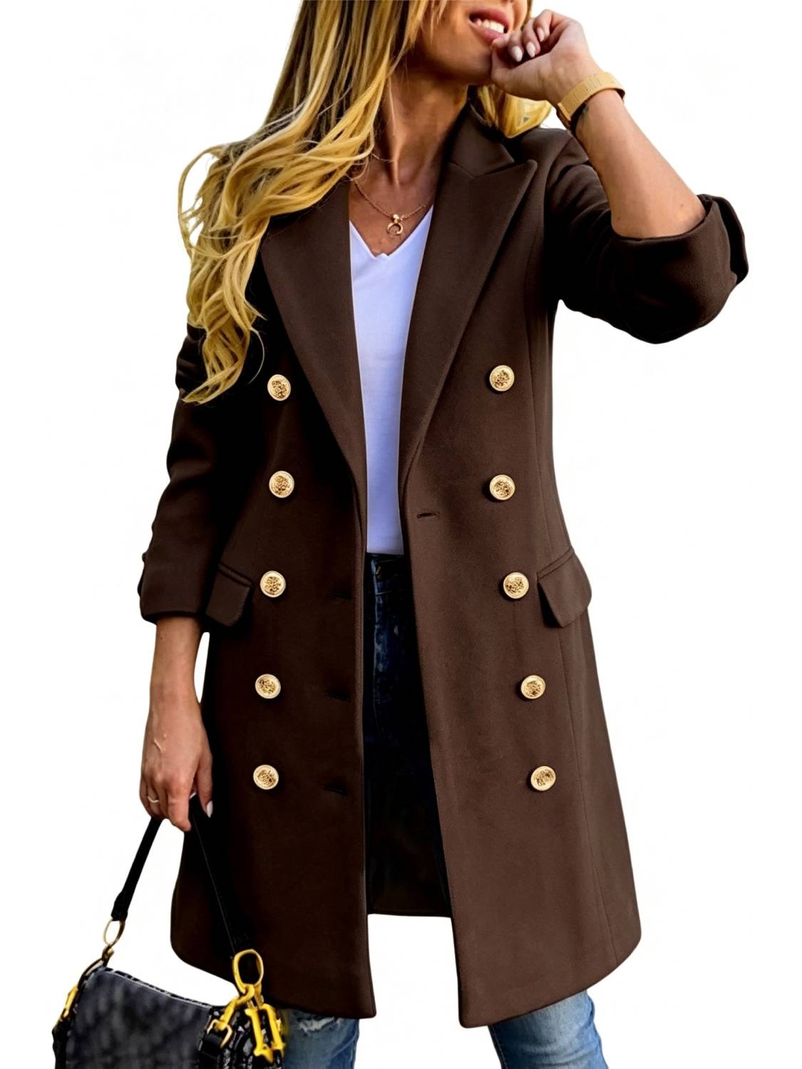 Women's Fitted Slim-Fit Long-Sleeve Double-Breasted Wool-Blend Midi Peacoat