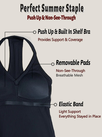Women's Racerback V Neck Cotton Tank Tops with Built-in Shelf Bra