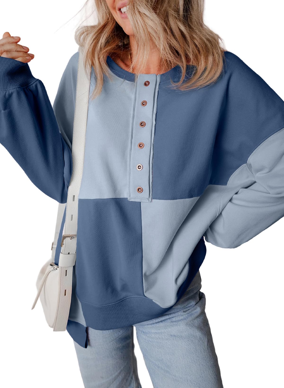 ⏰Hot Sale-Women's Casual Color Block Loose Button Henley Pullover Top