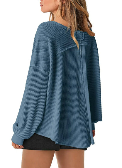 Women's Waffle Knit Oversized V Neck Batwing Long Sleeve Tops