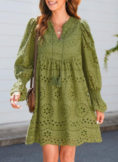 Womens V Neck Long Sleeve Hollow Out Lace Ruffle Dresses