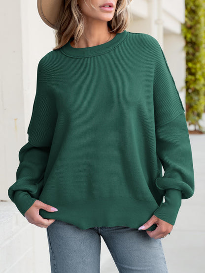 Women Oversized Side Slit Ribbed Knit Pullover Sweaters Top