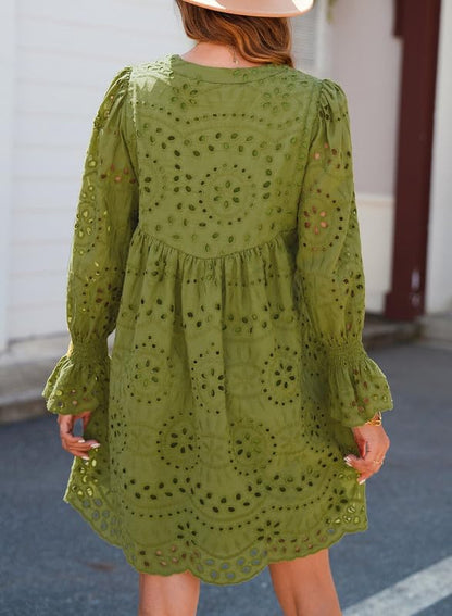 Womens V Neck Long Sleeve Hollow Out Lace Ruffle Dresses