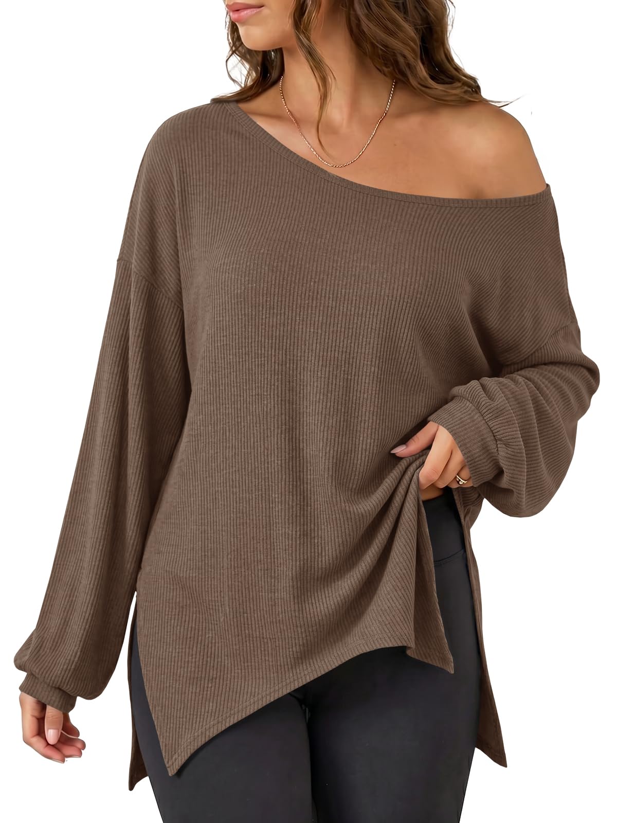 Womens Oversized Off The Shoulder Ribbed Knit Sweatshirts