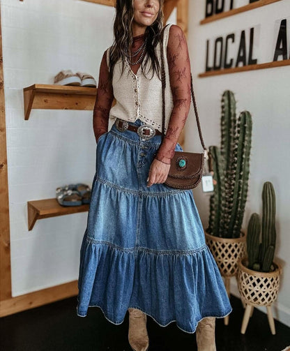 Women's Thick Chic High-Waisted A-Line Cowboy Denim Skirt