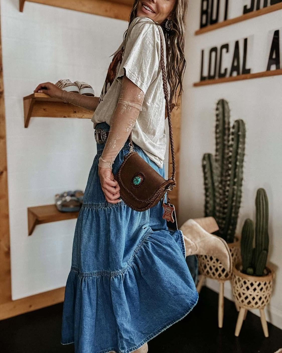 Women's Thick Chic High-Waisted A-Line Cowboy Denim Skirt